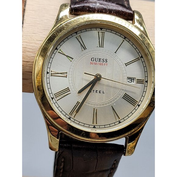 Guess Steel Mens Watch 39mm Gold Plated Case 7.25" Crocodile Leather Band VTG - Picture 2 of 16